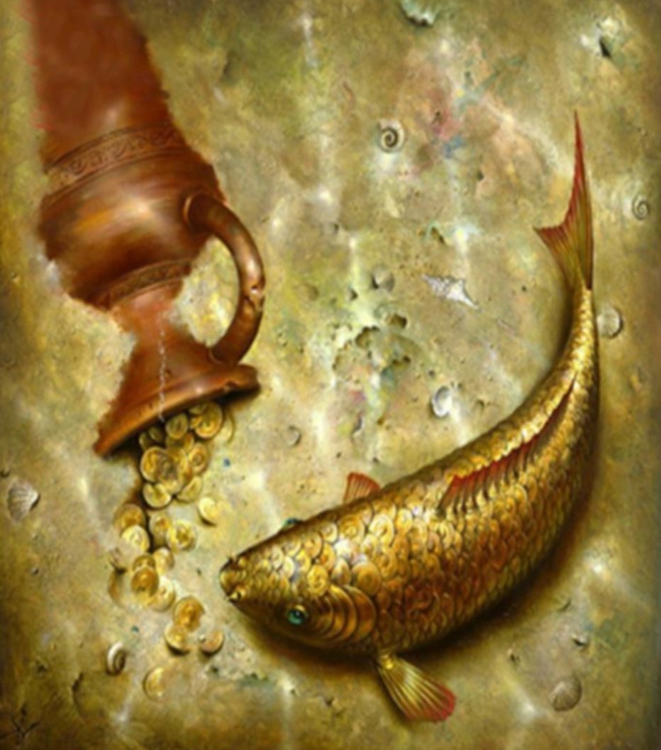 Золотая рыбка - сокровища, монеты, под водой, кувшин, золотая рыбка - оригинал