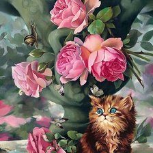 Оригинал схемы вышивки «котик, ваза и розовые розы» (№2445902)