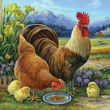 Оригинал схемы вышивки «петух, курица, цыплята, природа, цветы» (№2505966)