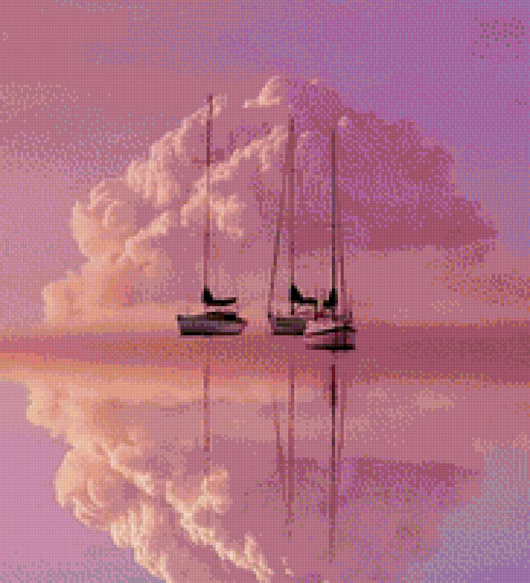 Розовое утро - море, утро, корабль, парус - предпросмотр