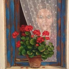 Схема вышивки «Mujer tras el visillo con sus flores y todo»