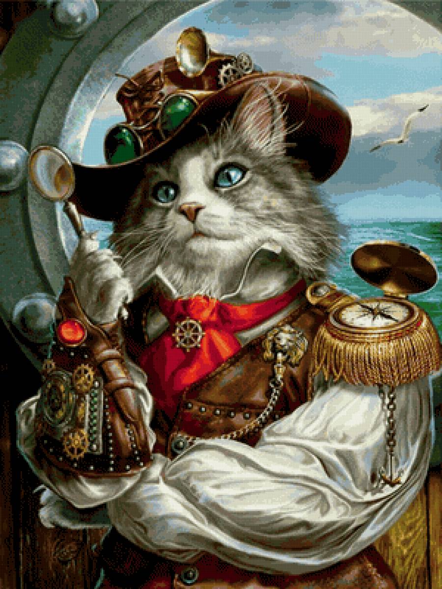 Кот-пират - кошки, картина, живопись, животные, кошачий портрет - предпросмотр