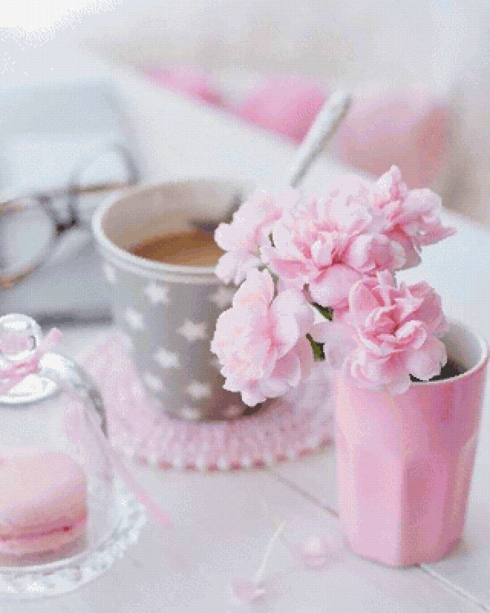 Утро - нежность, цветы, печенье, латте, чай, кофе - предпросмотр