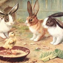 Оригинал схемы вышивки «Американская Пасхальная открытка. Кролики и утёнок.» (№2611744)