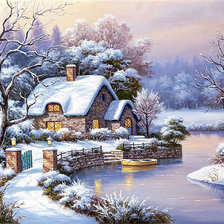 Оригинал схемы вышивки «Сунг Ким. Зимний пейзаж с домом» (№2621507)