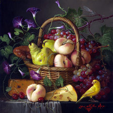 Схема вышивки «Натюрморт с фруктами и птицей»