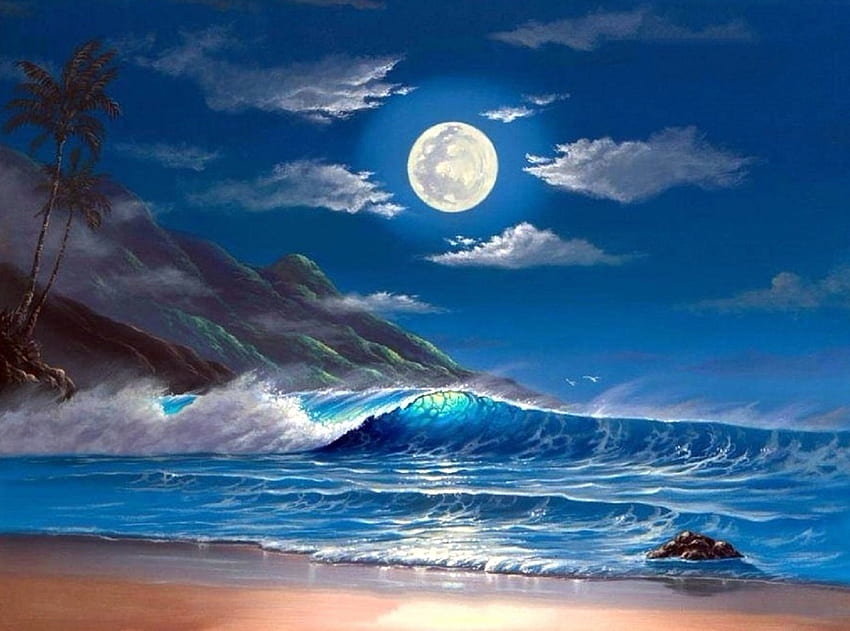 Лунная ночь - скалы, луна, волны, море - оригинал
