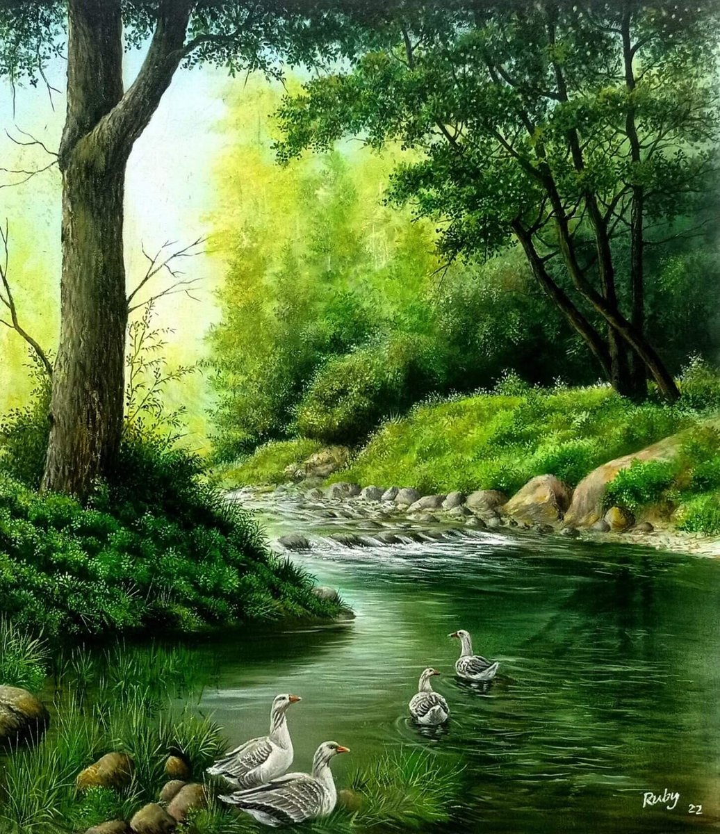 Лесной ручей - речка, утки, лес - оригинал