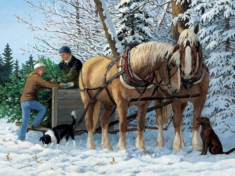 №2691054 - зима, собаки, лошади, повозка - оригинал