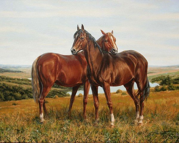 На лугу Худ.Данчурова Т.И. - живопись, пейзаж, лошади, домашние животные - оригинал