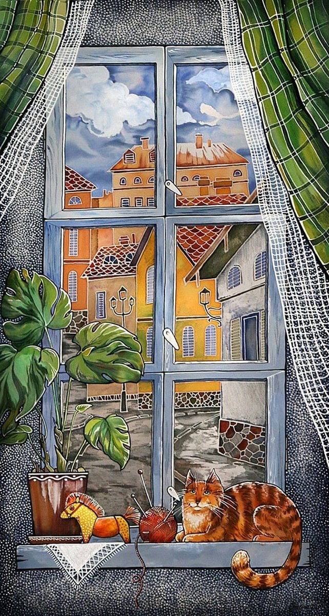 Кот у окна - город, рыжий, заокном, окно, дом, кот - оригинал