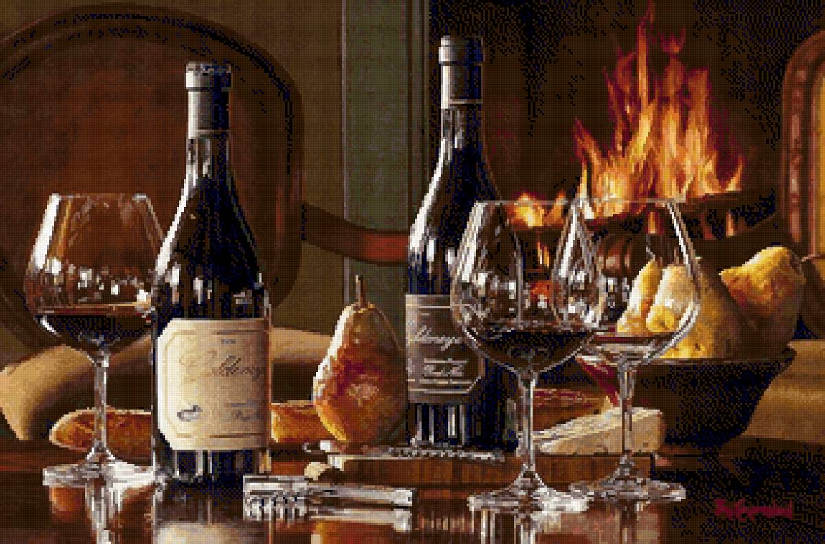 Винный вечер у камина - вино, сыр, камин, натюрморт, бокалы - предпросмотр