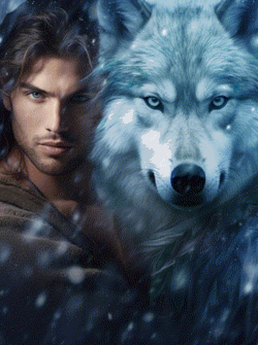 мужчина и волк - мужчина, взгляд, глаза, волк - предпросмотр