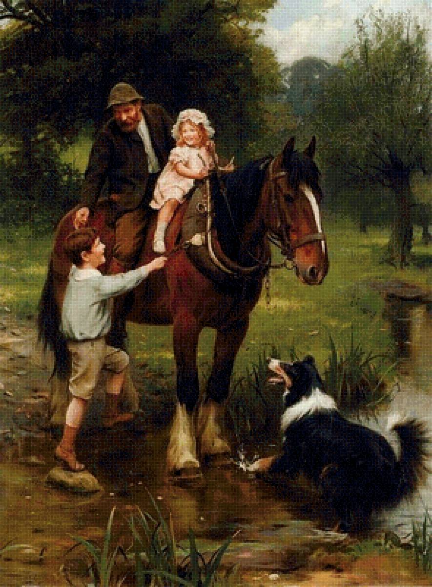 Конная прогулка - собаки, дети, лошади, люди - предпросмотр