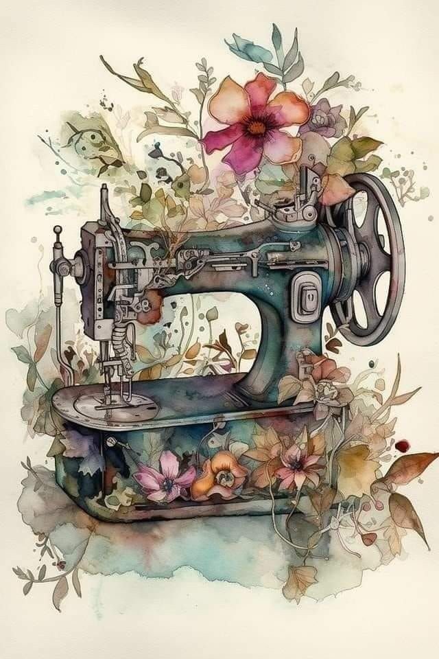 Швейная машинка мечты) - акварель, цветы, швейная машинка. - оригинал