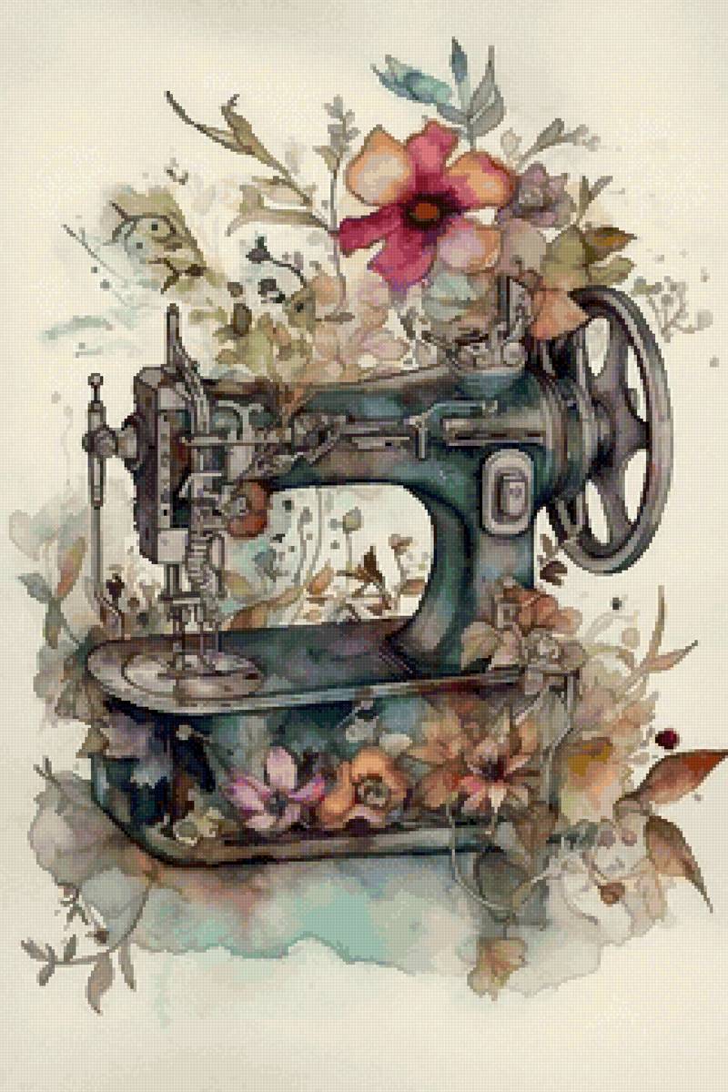 Швейная машинка мечты) - цветы, акварель, швейная машинка. - предпросмотр