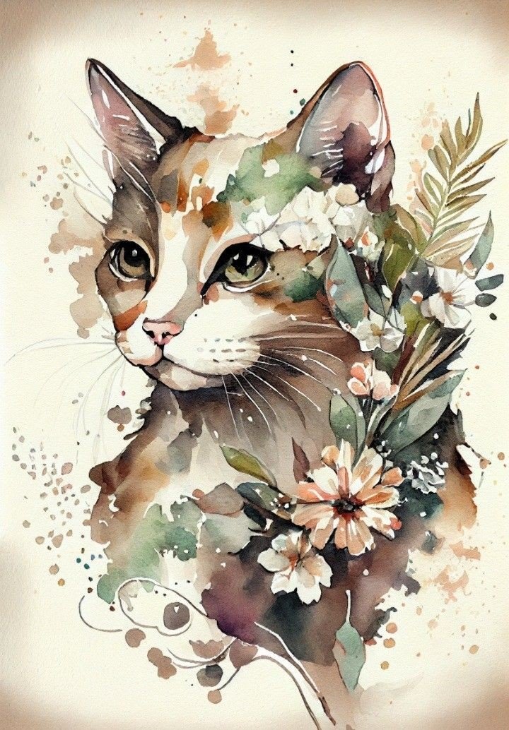 Кошка и цветы - кошка, цветы, акварель - оригинал