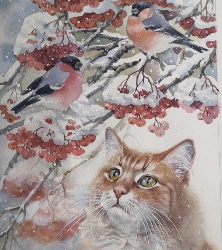 Снегири и кошка - птицы, снегири, зима, кошка, рябина - оригинал