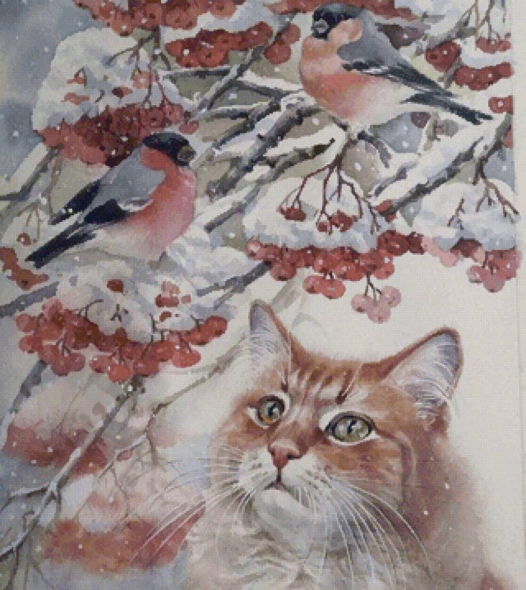 Снегири и кошка - птицы, снегири, зима, кошка, рябина - предпросмотр