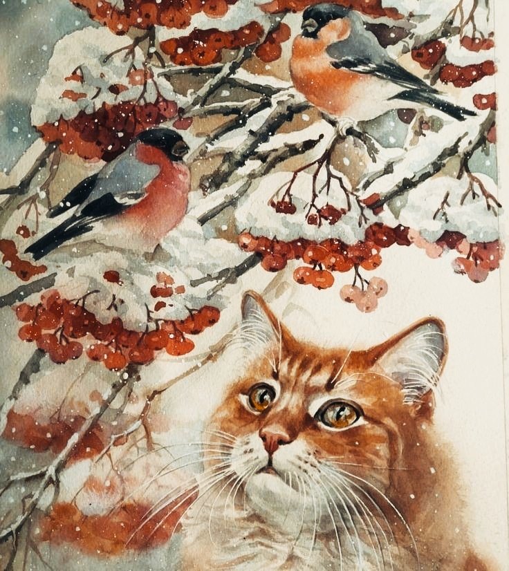Снегири и кошка - кошка, рябина, снегири, зима - оригинал