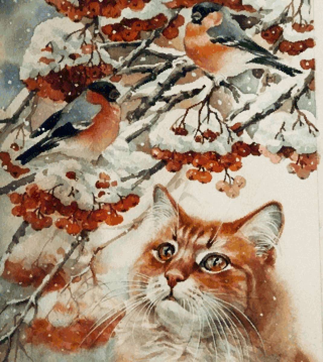 Снегири и кошка - рябина, зима, кошка, снегири - предпросмотр