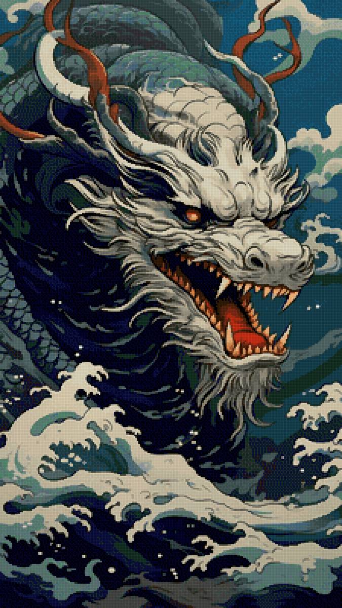Морской дракон - дракон, волны, японский стиль - предпросмотр
