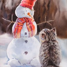 Схема вышивки «Котёнок и снеговик»