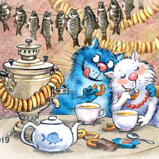 Оригинал схемы вышивки «Синие коты у самовара с баранками и рыбой» (№2752913)