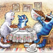 Схема вышивки «Синие коты принимают гостя»