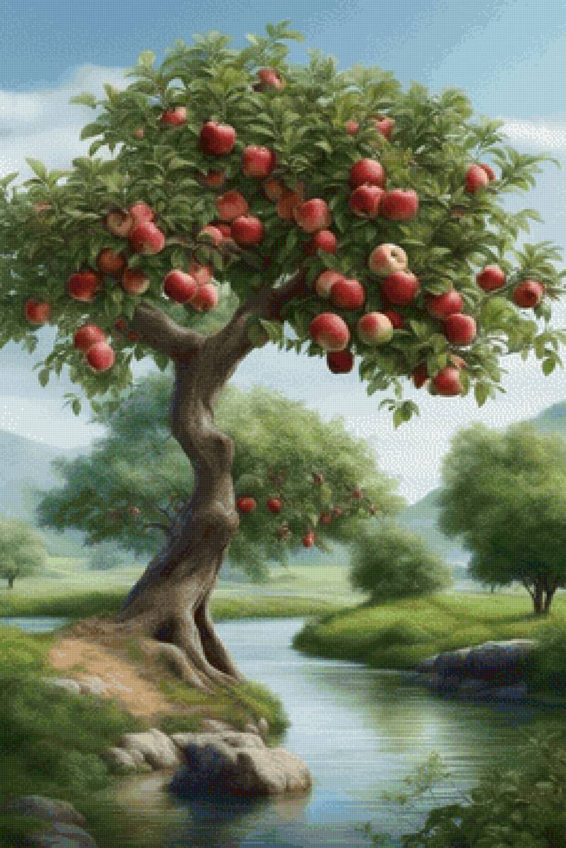 Яблоневый сад - яблоня, речка, сад, яблоки - предпросмотр