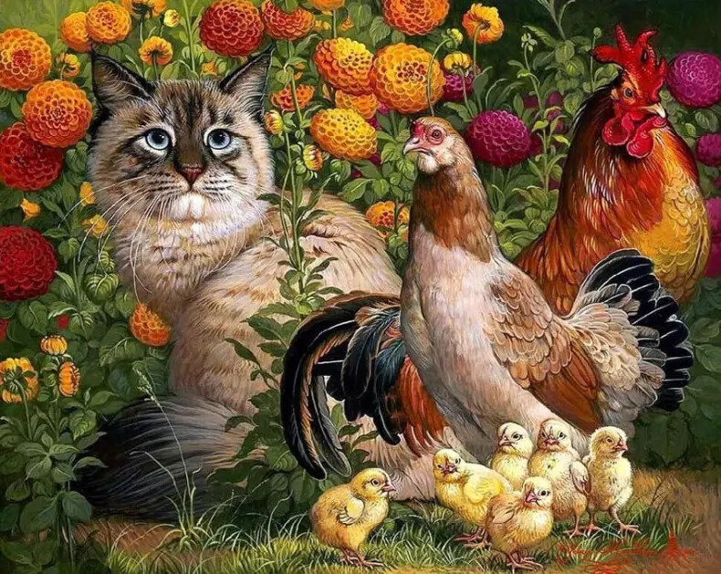 Кот и курица - цветы, лето, курица, петух 🐓, цыплята - оригинал
