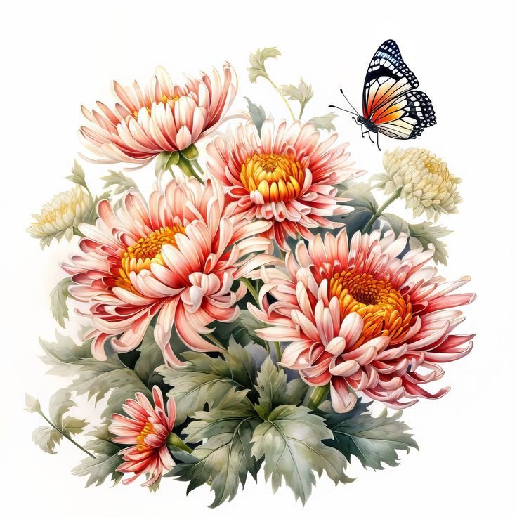 Хризантемы и бабочка - хризантемы, бабочка, цветы - оригинал
