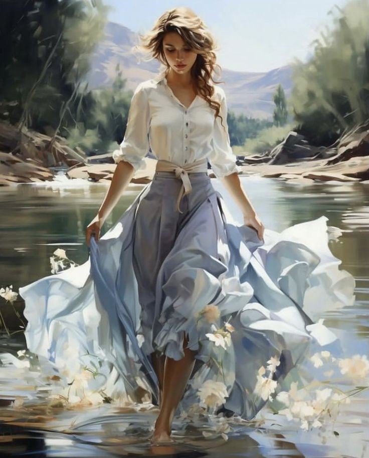 Полуденная свежесть - в голубом, река, вода, женщина, девушка, цветы - оригинал