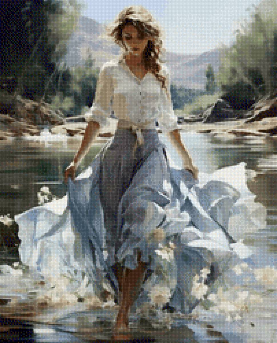 Полуденная свежесть - река, в голубом, вода, цветы, девушка, женщина - предпросмотр