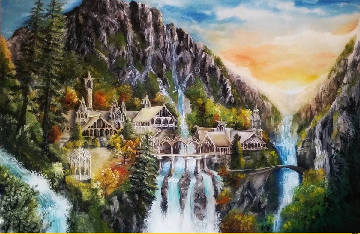 Ривенделл - водопад, природа., горы, замок - оригинал